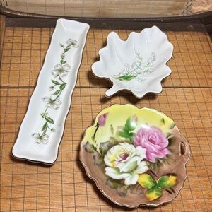 Lefton China 3 Dishes Lily of the Valley Leaf, Dogwood Tray Shape, Floral Design